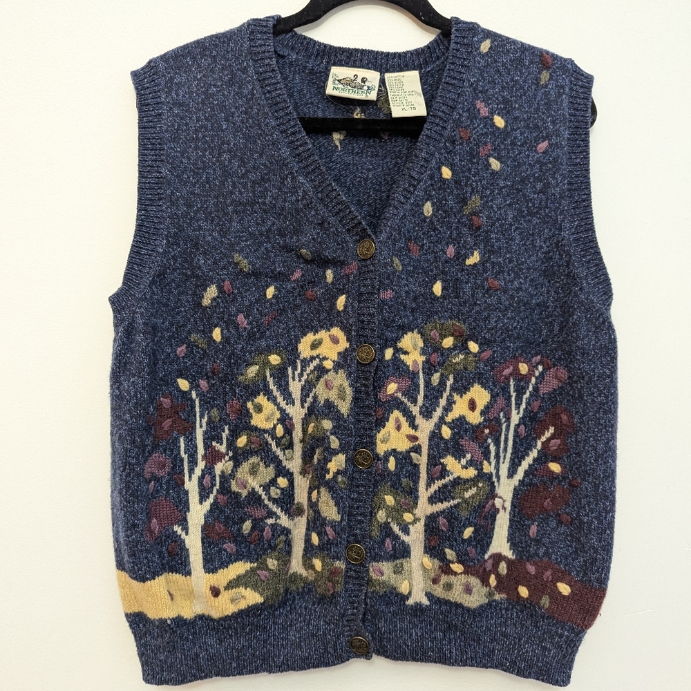 Vintage Northern Reflections Wool Blend Knit Sweater Vest Fall Tree Leaves XL